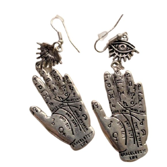 Hamsa, Fatima's hand + evil eye palm dangle silver tone large earrings - Picture 2 of 8